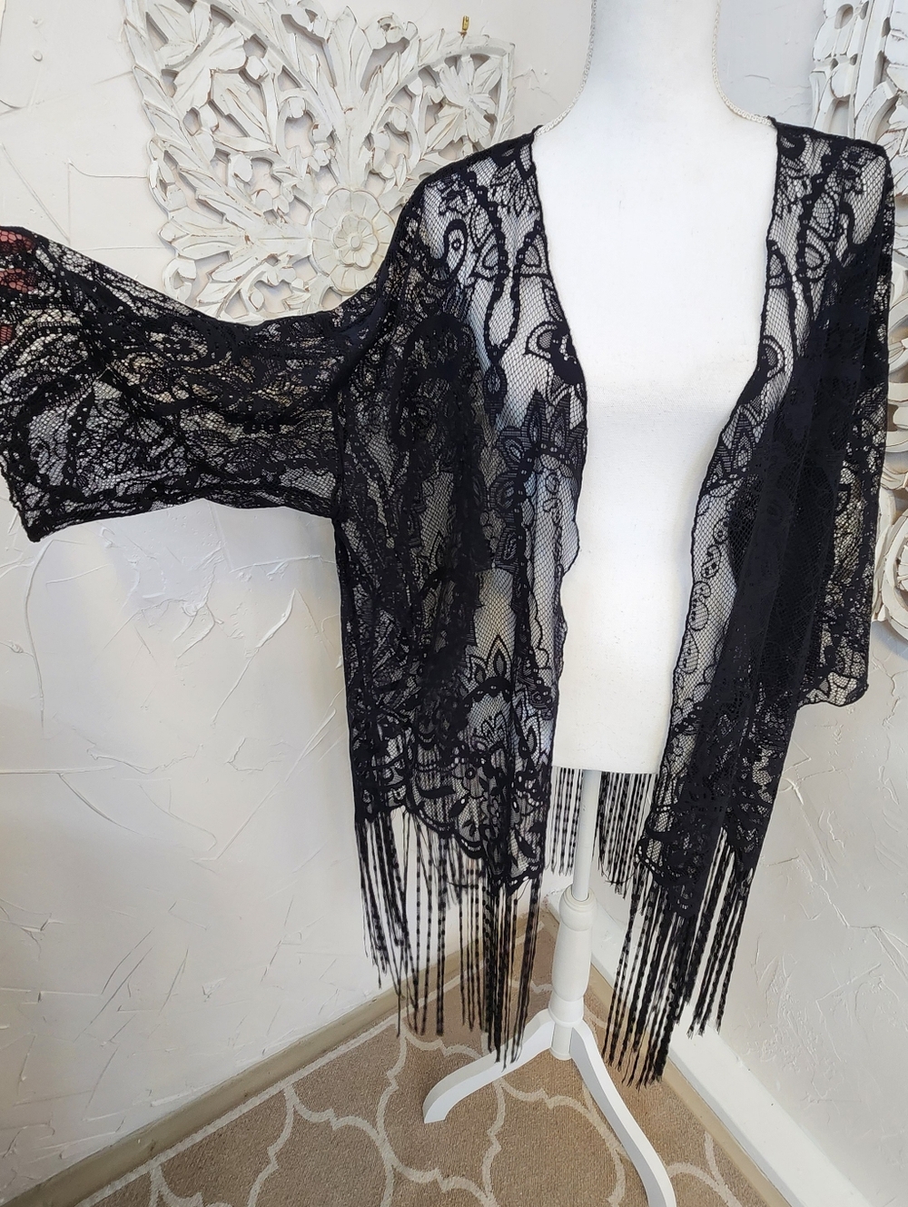 Black Lace Fringe Kimono Cover Up - Picture 2 of 5